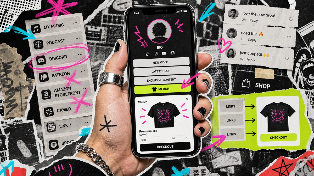 A punk collage hero image showing a link-in-bio profile menu leading into one focused t-shirt checkout page.