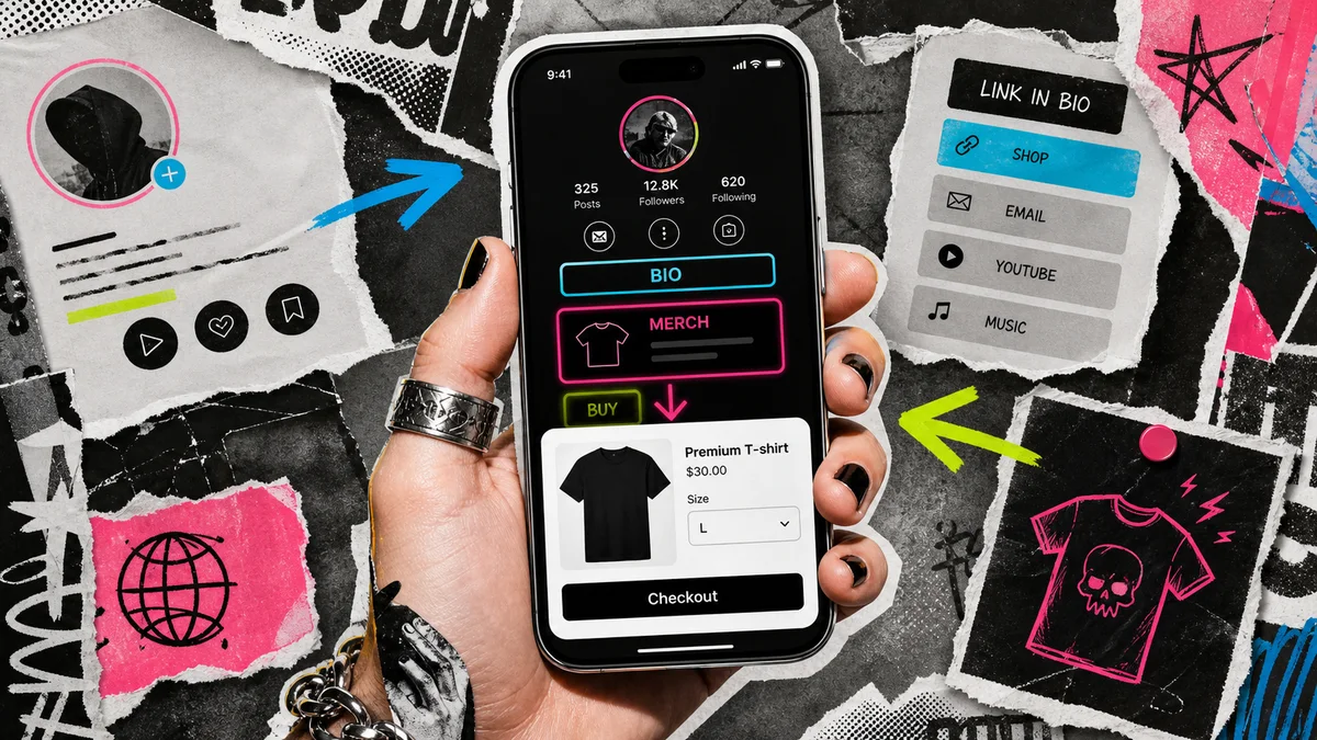 A punk collage hero image showing a creator phone where a link-in-bio menu points to one highlighted merch checkout.