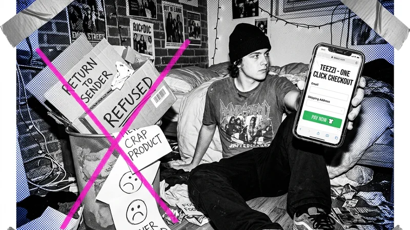 A creator holding a merch checkout phone while rejected packages and shipping problems are crossed out beside them.
