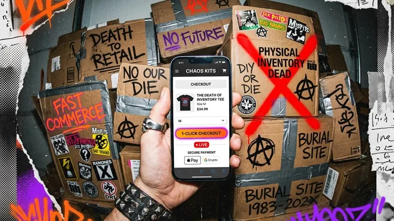 A creator holding a smartphone that shows a one-click merch checkout in front of boxes labeled physical inventory.
