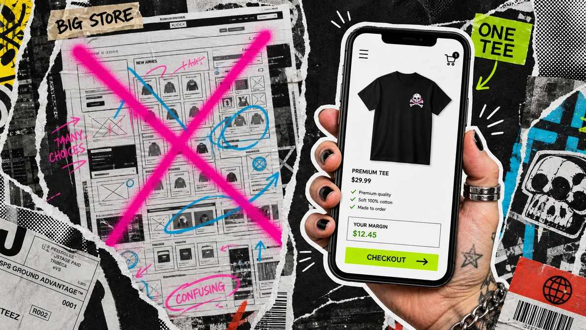 A punk collage hero image showing a complex merch storefront crossed out beside a simple one-shirt checkout on a phone.