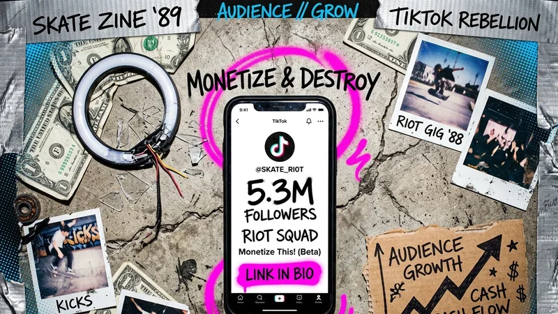 A collage-style TikTok creator graphic with a phone showing 5.3M followers, a link in bio button, and audience growth notes.