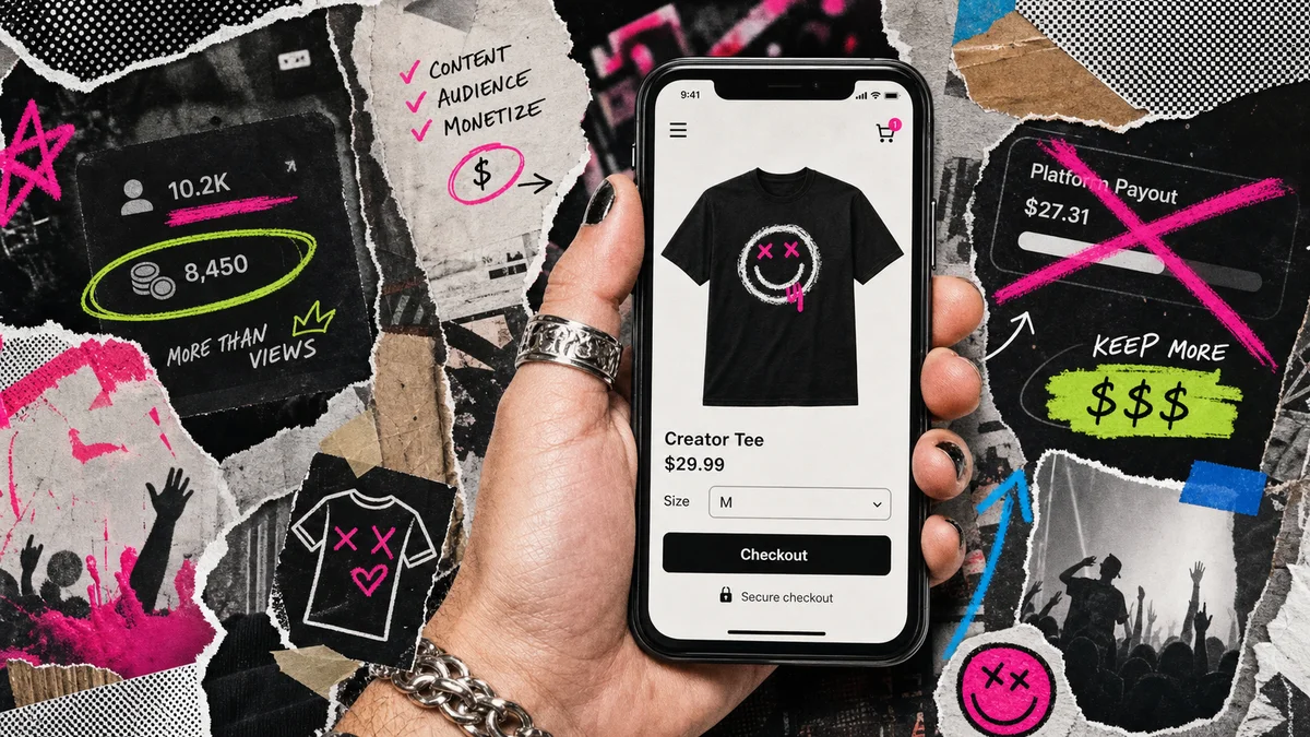 A punk collage hero image showing a creator holding a phone with a Teezzi-style t-shirt checkout beside follower and payout notes.