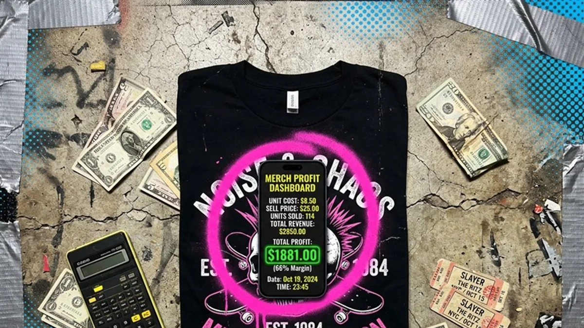 A black creator tee beside cash, a phone, and a calculator.