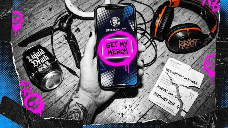 A creator holding a phone with a get my merch call to action on screen beside creator gear and receipts.