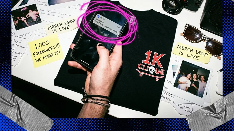 A creator holding a phone showing a Teezzi merch page with an Instagram feed in the background.