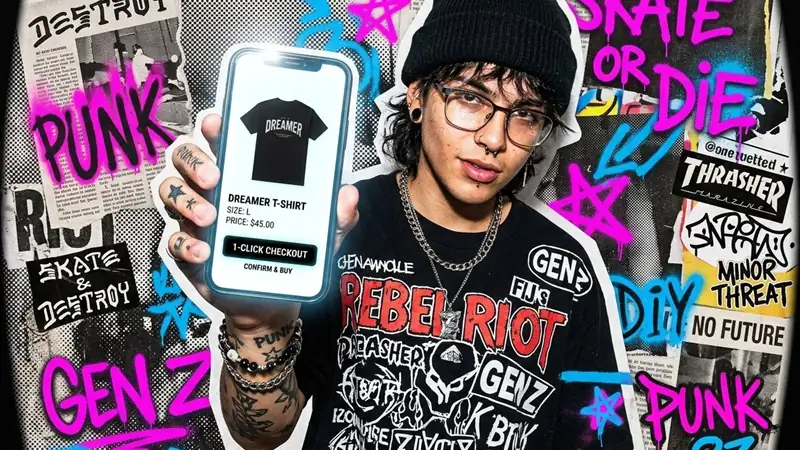 A creator holding a smartphone that shows a Teezzi one-click merch checkout for a t-shirt.