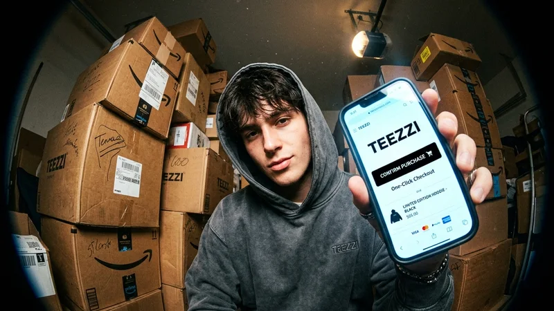 A creator in a hoodie holding up a phone with a merch checkout screen while surrounded by stacks of shipping boxes.