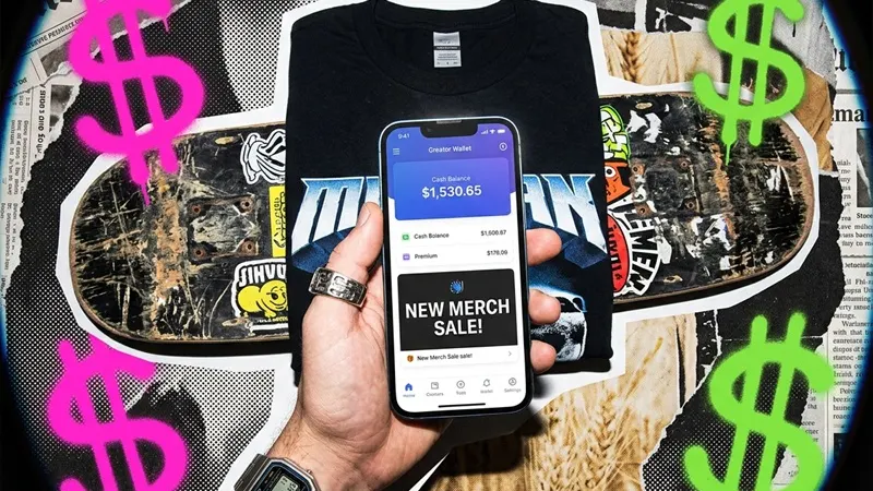 A creator holding a smartphone that shows a merch sale dashboard in front of a Teezzi t-shirt.