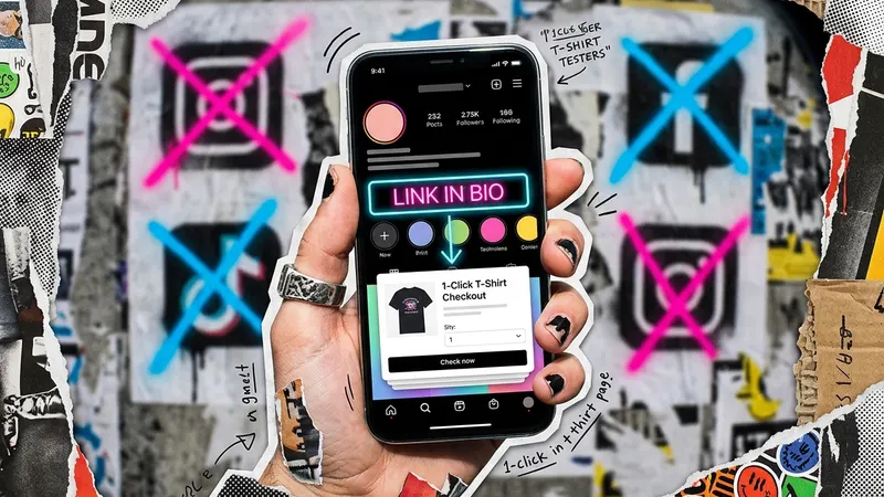 A creator holding a smartphone with a link-in-bio merch checkout in front of Instagram and TikTok graphics.
