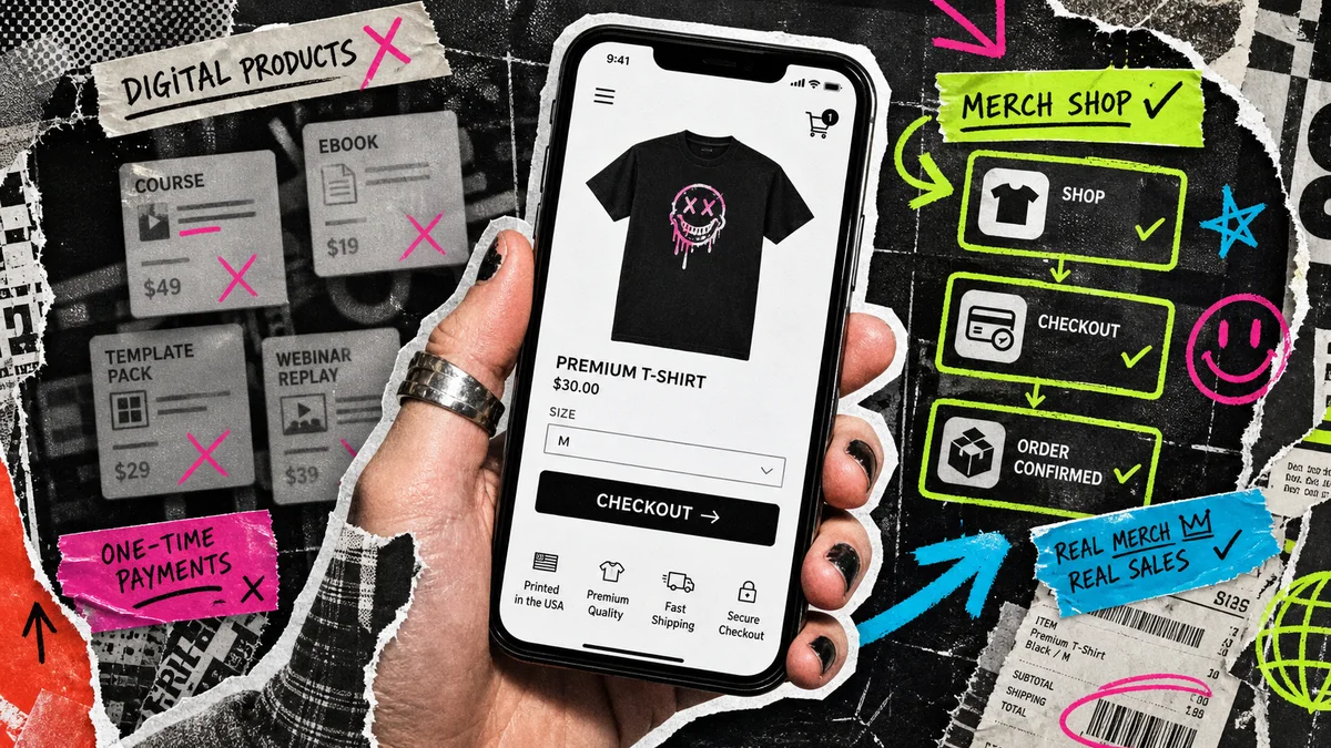 A punk collage hero image comparing digital product cards with a highlighted Teezzi-style t-shirt checkout on a phone.