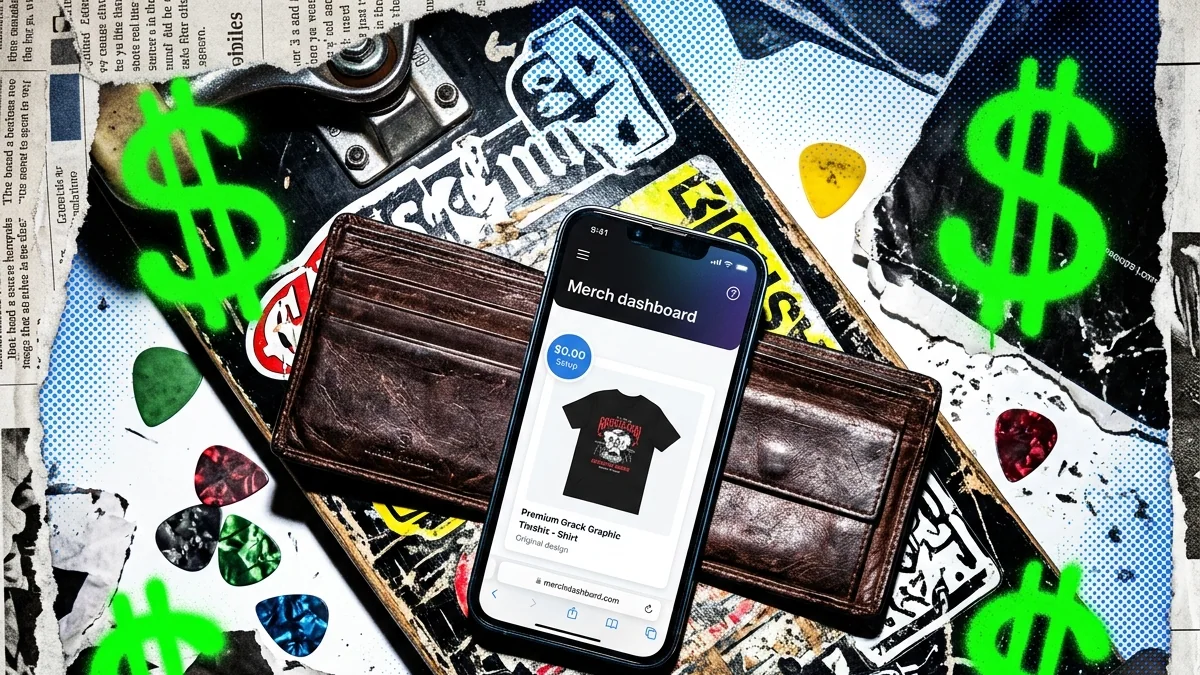 A phone showing a merch dashboard on top of a wallet and collage-style cash graphics, representing a zero-cost merch launch.