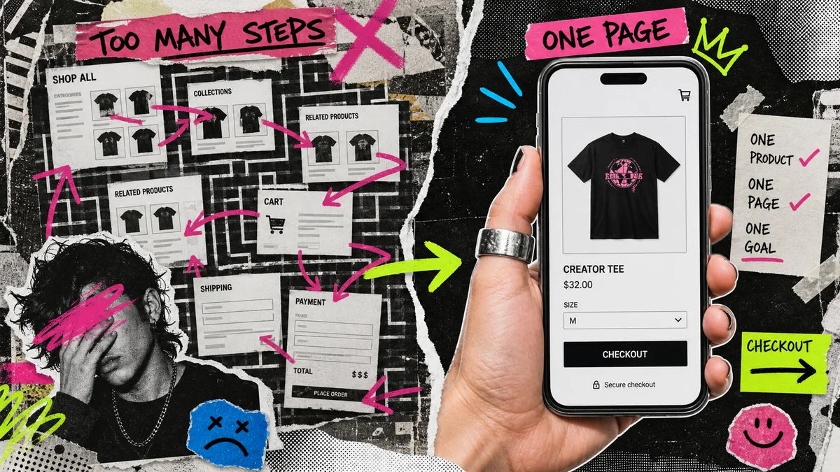 A punk collage hero image contrasting a messy multi-step storefront with one clean single-page creator merch checkout.