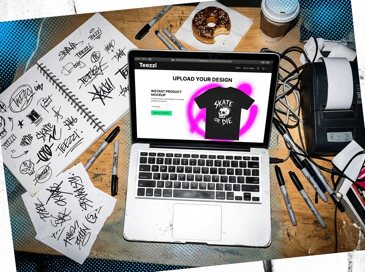 A creator workspace with a laptop showing a merch design upload page surrounded by sketches, markers, and creator gear.