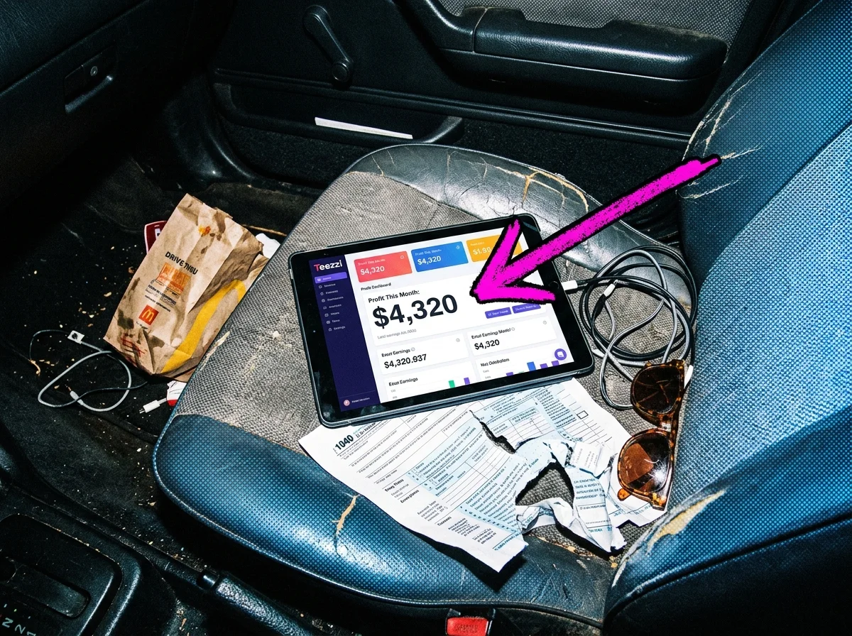 A merch profit dashboard on a tablet showing monthly earnings on a worn car seat beside paperwork, sunglasses, and tangled cables.