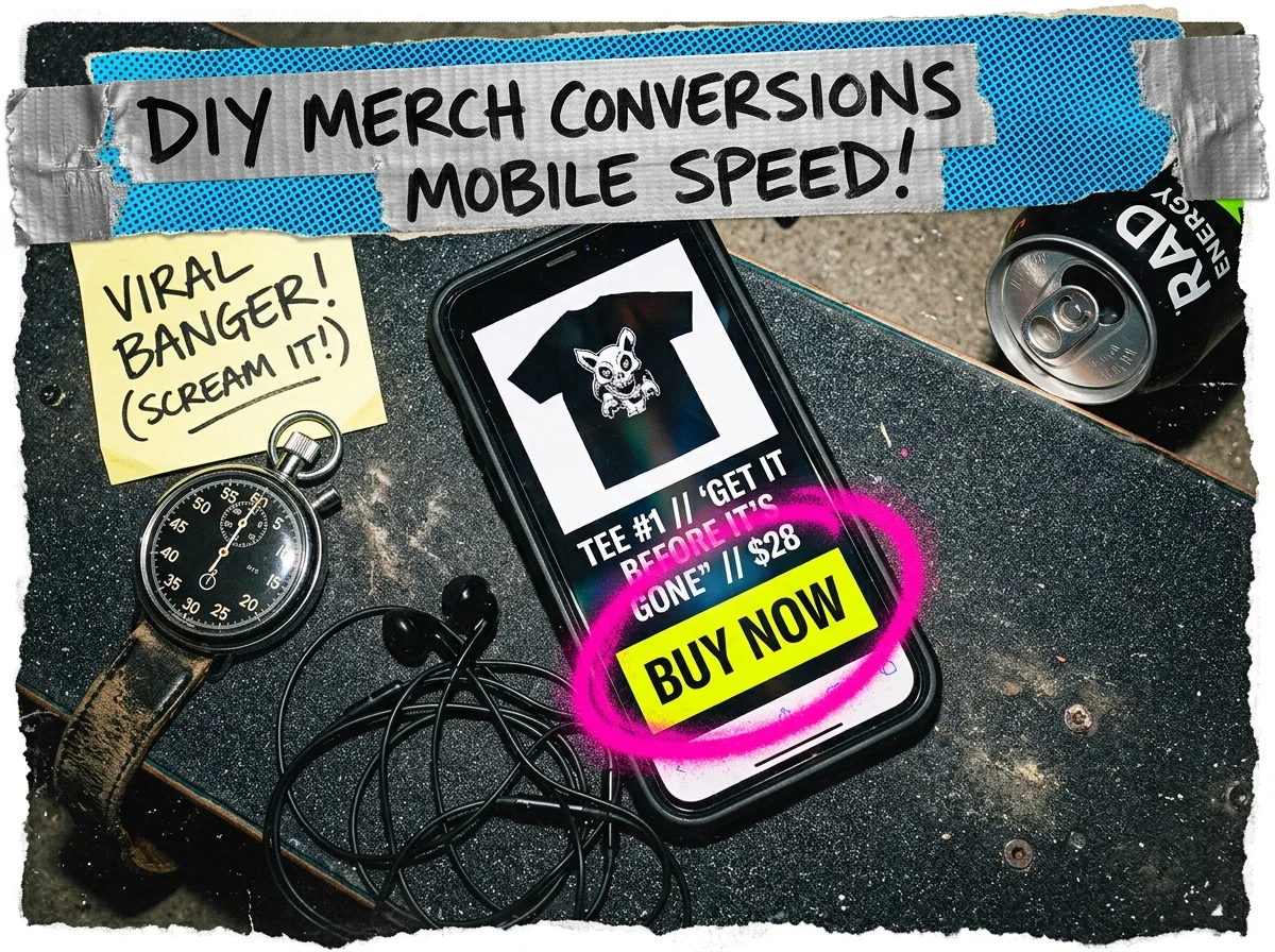 A collage-style merch conversion graphic with a phone product page, a bright buy button, and mobile speed notes.