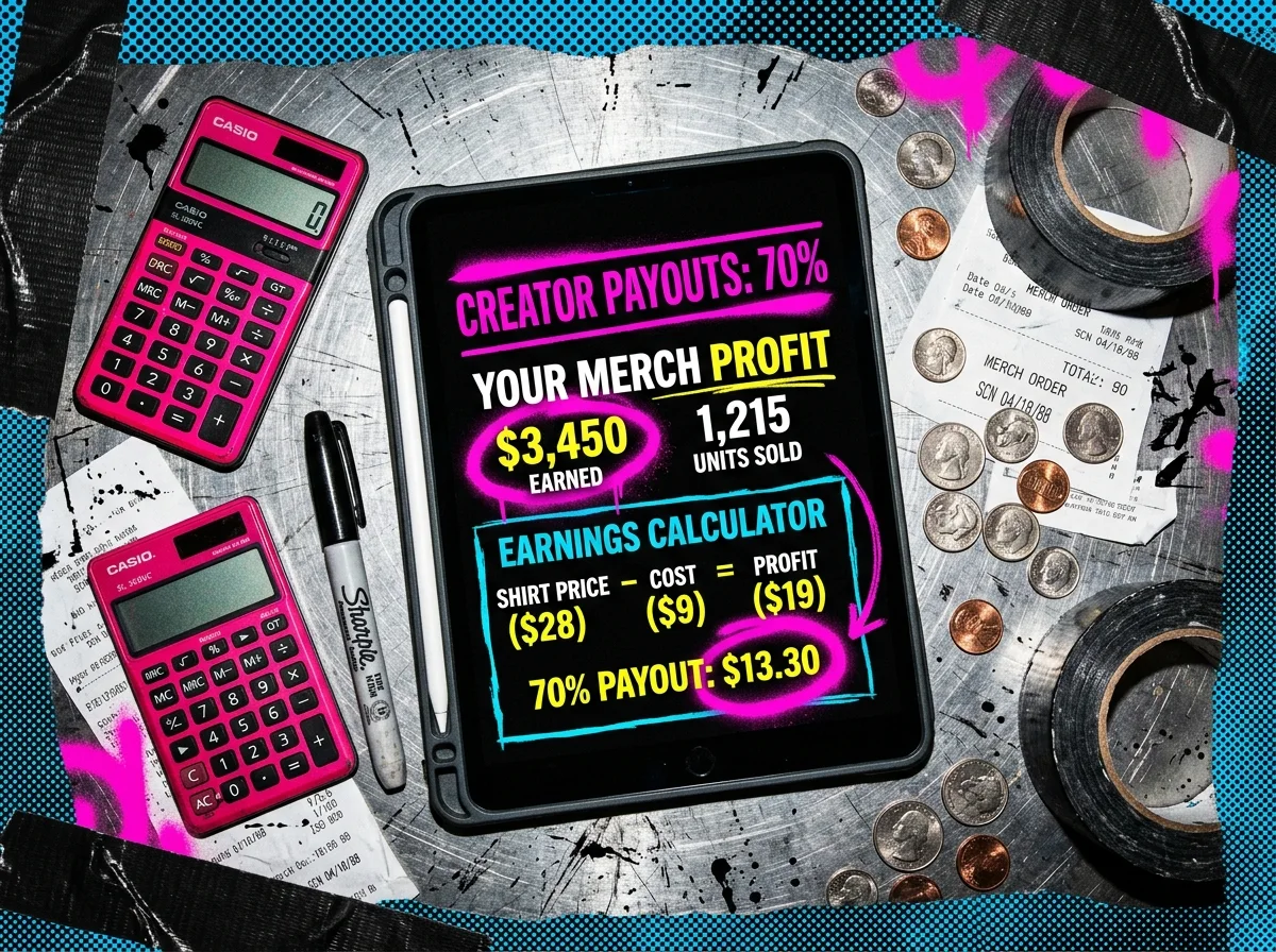 A collage-style merch payout graphic with calculators, coins, receipts, and a tablet showing creator earnings and profit math.