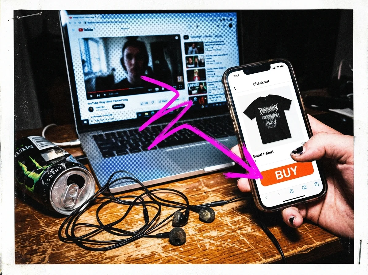 A creator holding a phone with a merch checkout page while a YouTube video plays on a laptop in the background.
