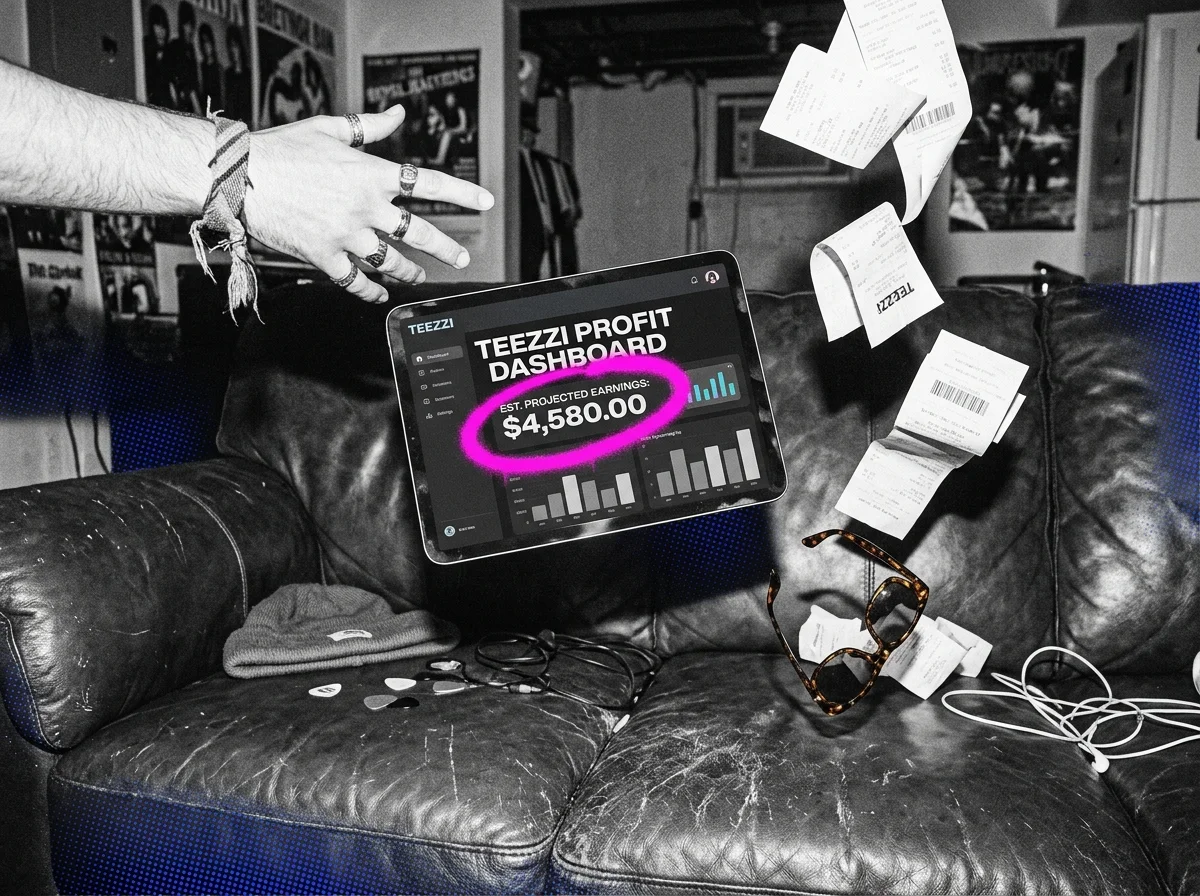 A merch earnings dashboard on a tablet showing projected revenue while receipts float above a couch in a creator room.