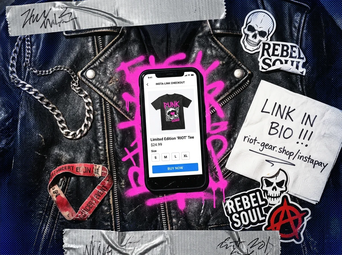 A collage-style Instagram merch graphic with a phone showing a link-in-bio checkout on a leather jacket surrounded by punk stickers and notes.