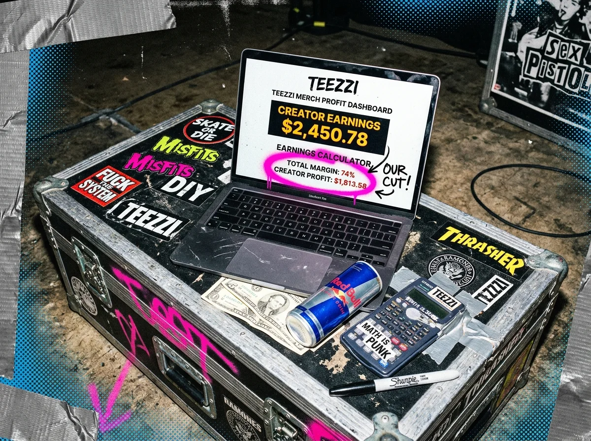A collage-style merch profit scene with a laptop showing creator earnings, a calculator, cash, and a sticker-covered road case.