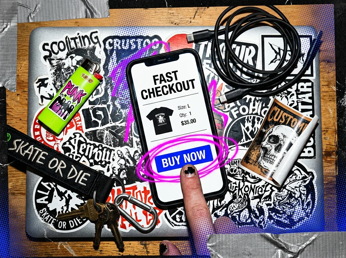 A phone showing a fast checkout screen with a buy now button on top of a creator gear workspace covered in stickers.