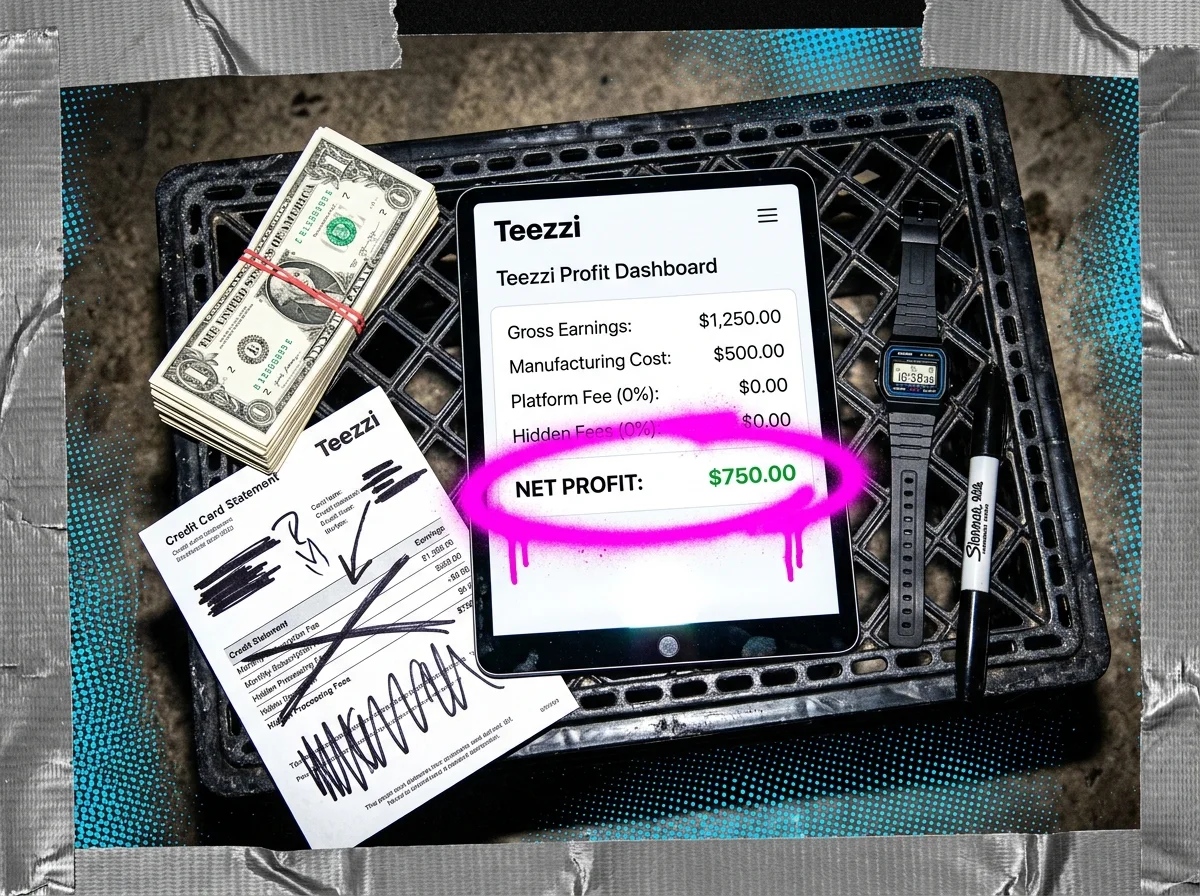 A merch profit dashboard on a tablet showing gross earnings, costs, and net profit beside cash, receipts, and creator desk items.