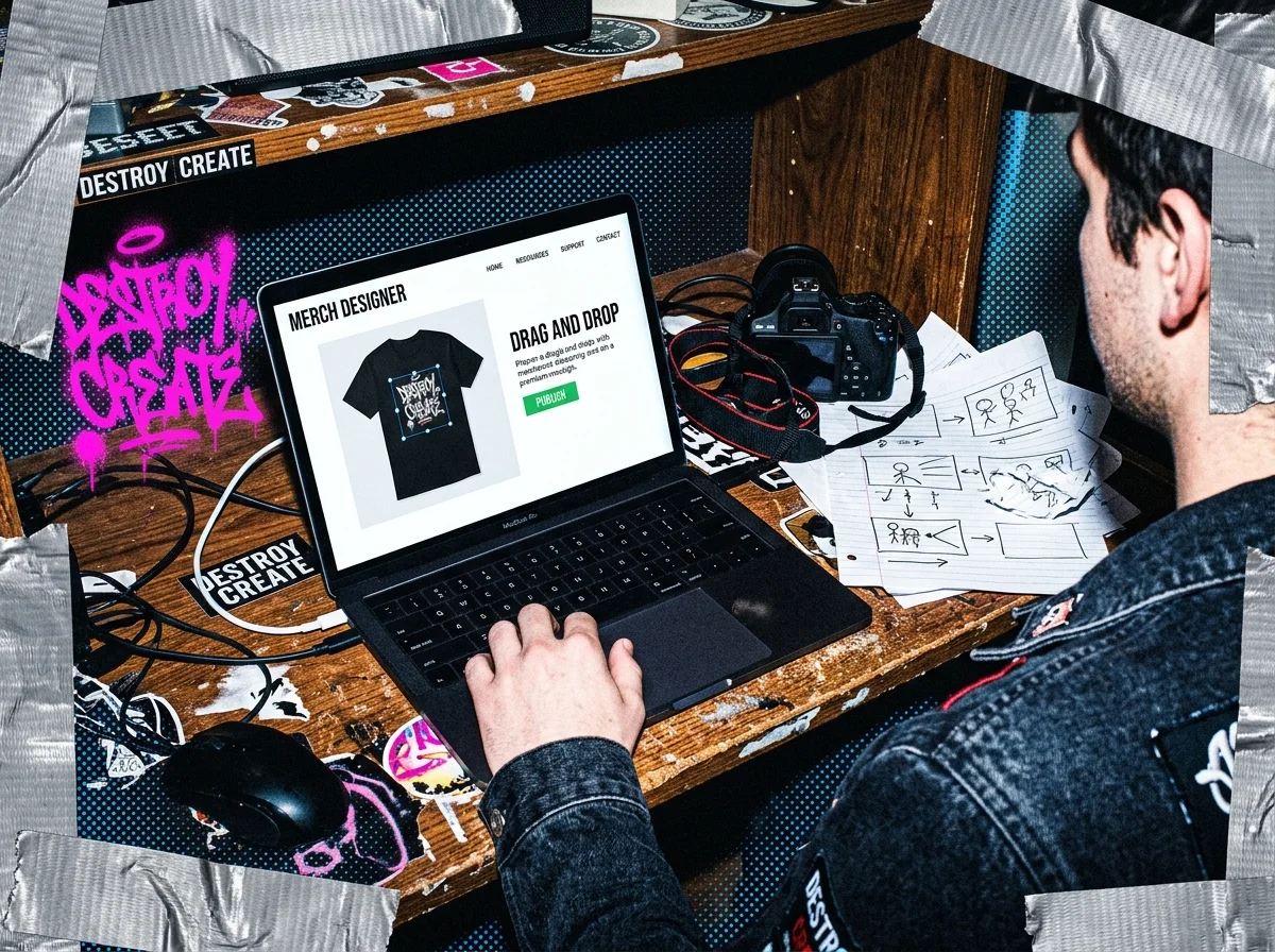 A creator working at a desk with a laptop showing a merch designer and drag-and-drop shirt mockup workflow.