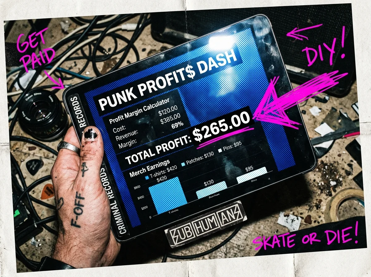 A creator holding a tablet with a merch profit dashboard showing costs, revenue, and total profit in a punk-styled scene.