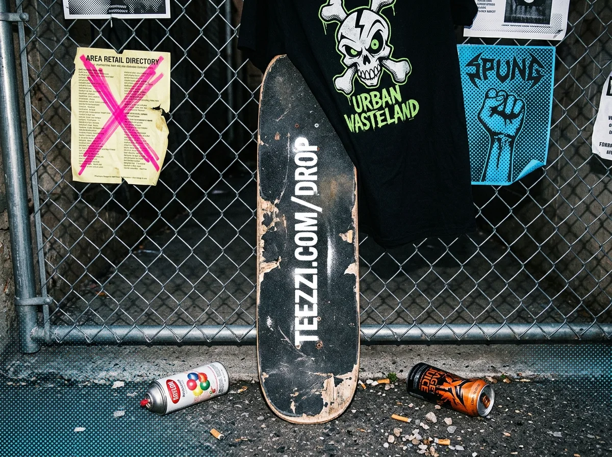A creator merch display with a single shirt, a skateboard marked with a merch drop URL, and a crossed-out retail directory sign.