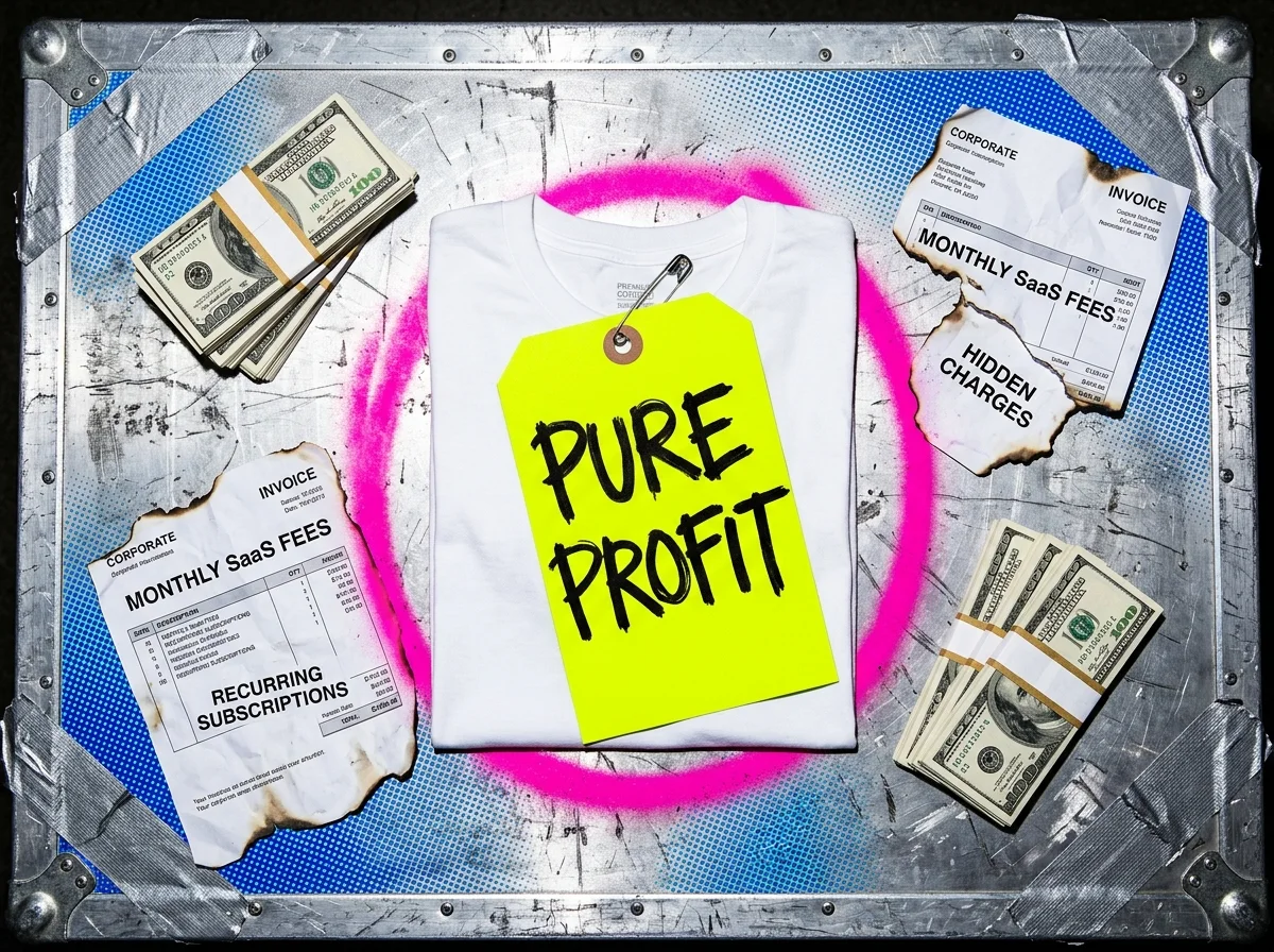 A folded shirt tagged pure profit surrounded by cash and invoices calling out monthly SaaS fees and hidden charges.