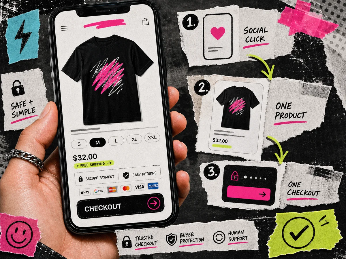 A Teezzi single-product merch checkout on a phone with size options and a checkout button.