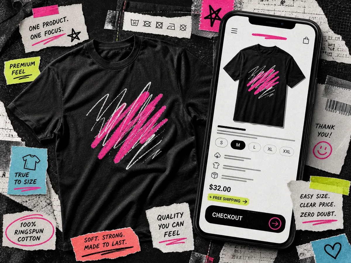 A Teezzi product page showing a premium Bella + Canvas 3001 t-shirt with size options and product details.
