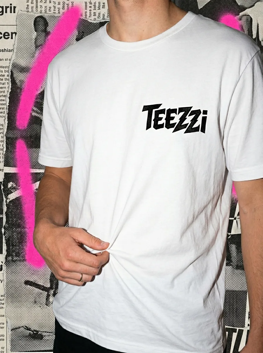 A creator wearing a white Teezzi Bella + Canvas 3001 tee against a newsprint wall with pink spray paint accents.